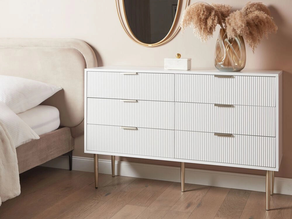 Cassettiera in MDF bianco 2 cassetti Gambe in metallo e maniglie stile classico
