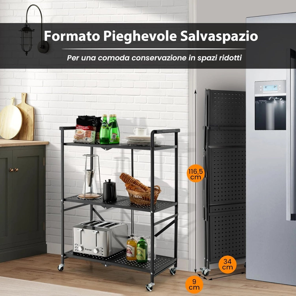 Scaffale Pieghevole con Ruote, Carrello Portaoggetti in Metallo con 3 Ripiani e 2 Ruote Bloccabili, per Cucina Soggiorno Garage, 72,5x33x93,5 cm (3 Livelli)