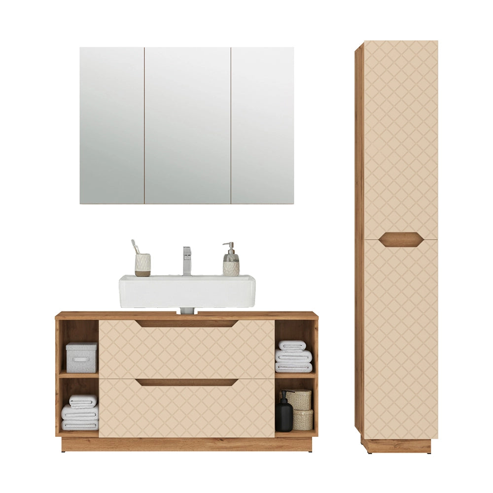 Vicco Set di mobili da bagno Rovere/cashmere con struttura in piastrelle 3 parti
