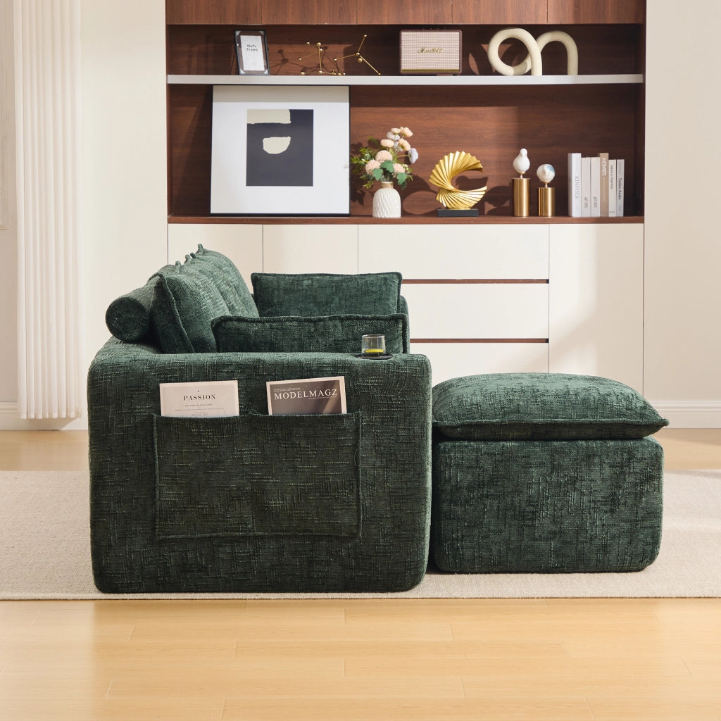 Divano modulare 3 posti con pouf tasche laterali e cuscini imbottitura in schiuma e molle insacchettate ciniglia verde