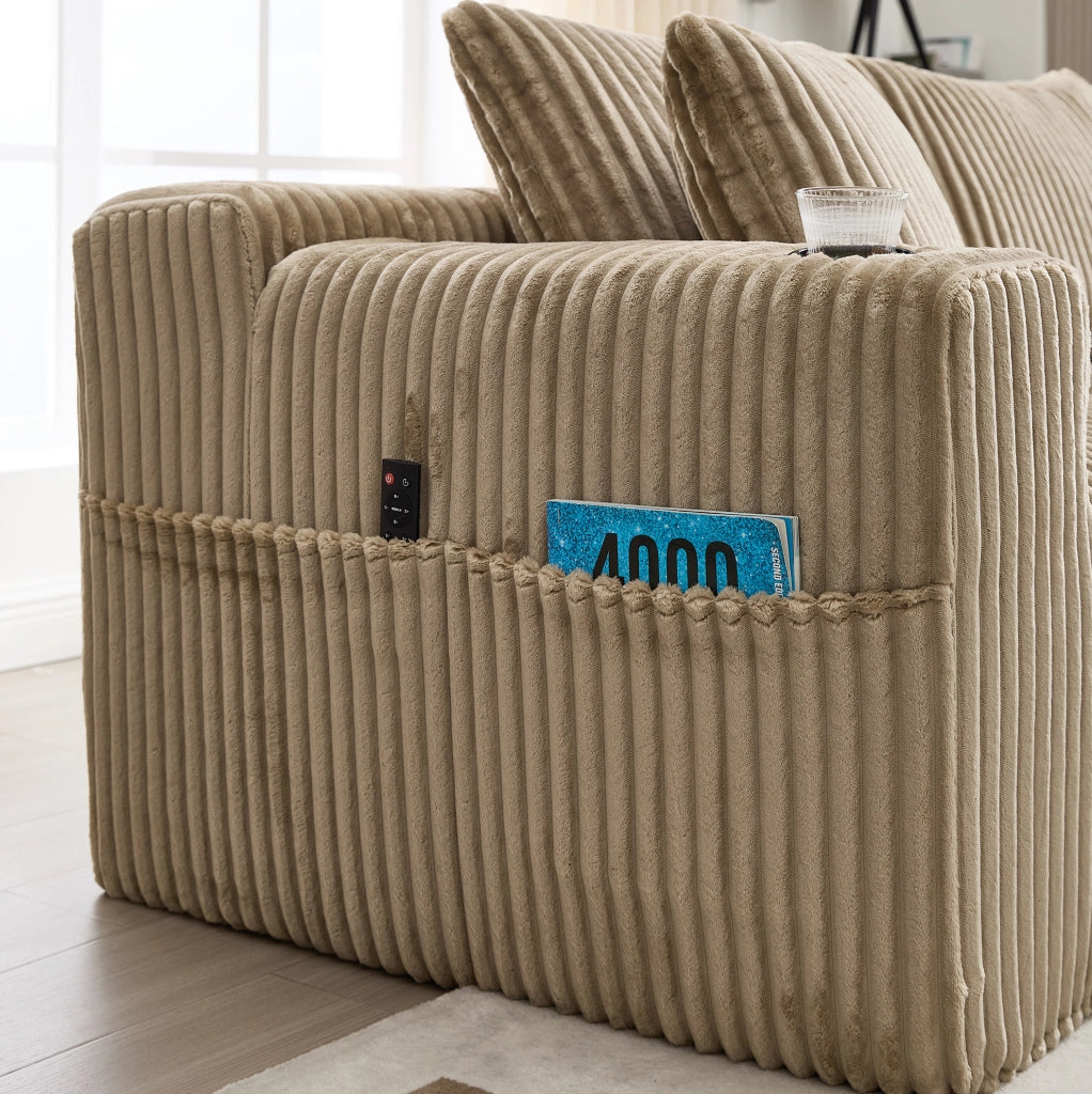 Divano modulare con chaise longue e 2 posti; 257x90-160x62 cm; in corduroy khaki
