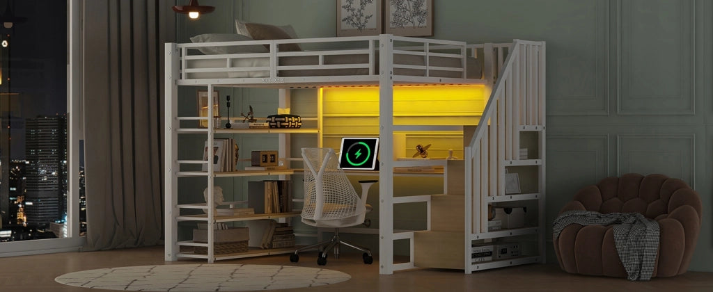 Letto a soppalco con scrivania - Xylo - 140x200 - Bianco - LED, USB, scale