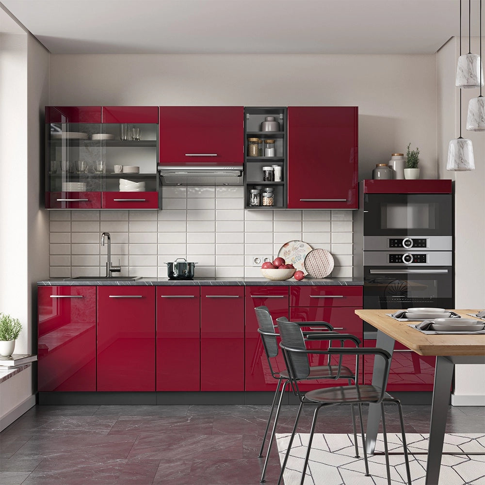 Cucina componibile Fame-Line Bordeaux lucido/Antracite 280 cm senza piano di lavoro Vicco