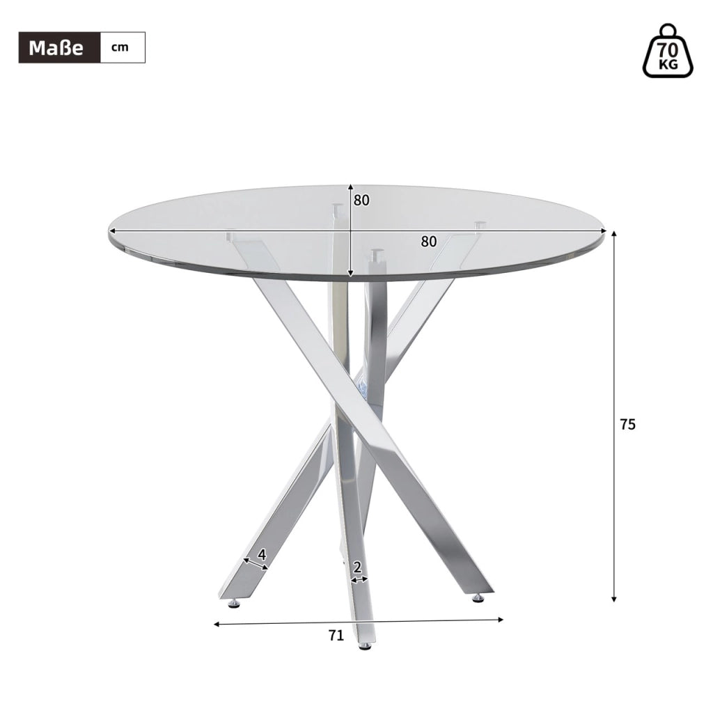 Tavolo rotondo moderno 80x80 cm in vetro temperato e metallo, colore argento