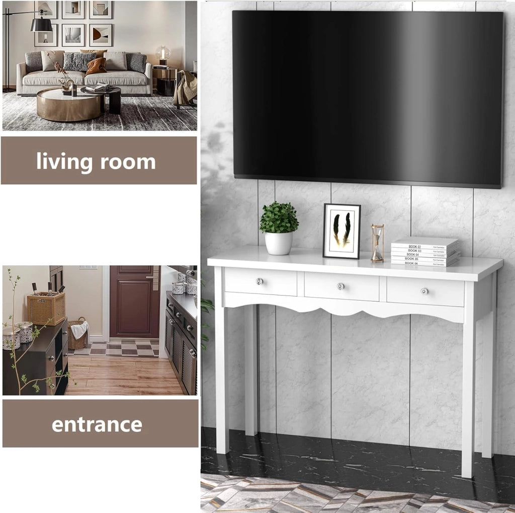 Tavolo Consolle, con 3 Cassetti, Console e Tavoli da Divano, Design Compatto e Stretto, Ingresso, Salotto, Salvaspazio e Moderno, Portata di 45 kg, 100x32x75 cm (Bianco)