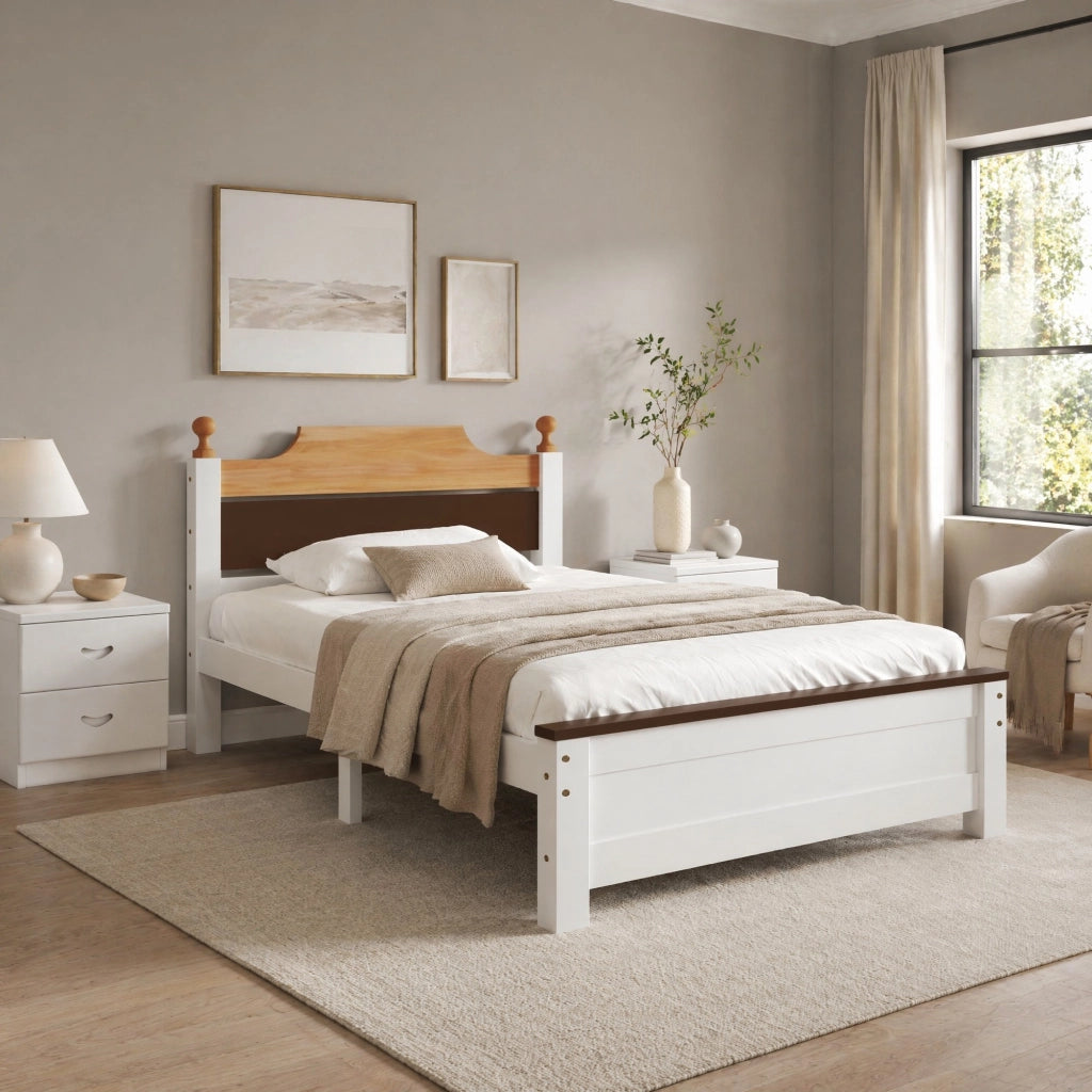 Letto singolo in legno con testiera a contrasto e 15 doghe