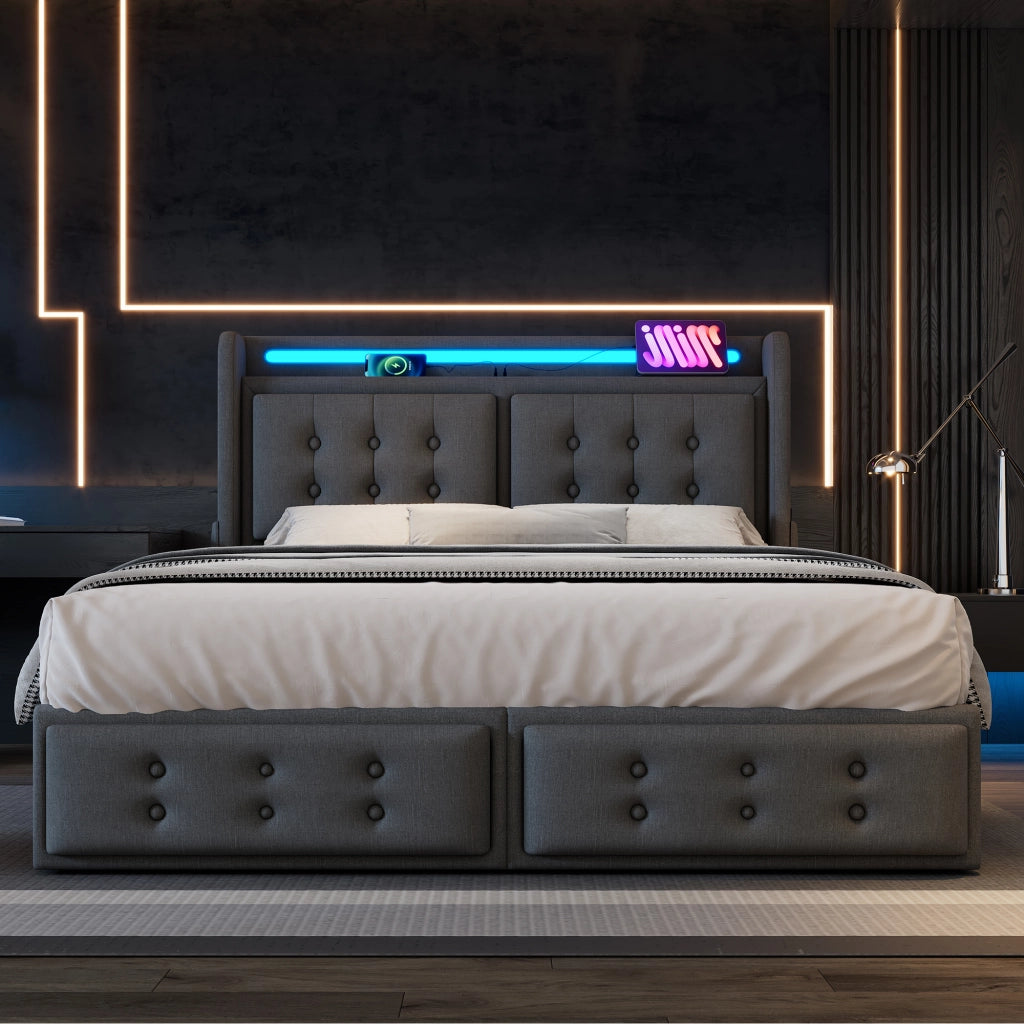 OKWISH Letto con Cassetti 140×200 cm, Letto Matrimoniale con LED Regolabile, USB, Tipo C e Ripiani, senza Materasso, in Tessuto Grigio