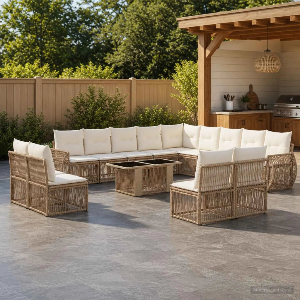 Set Divano da Giardino 14 pz Beige e Bianco Crema polyrattan 3437022