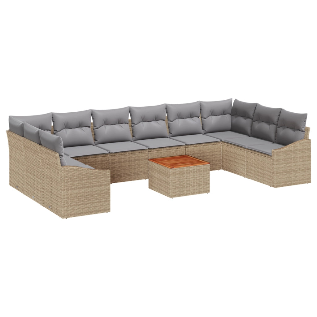 Set Divano da Giardino da 11 Pezzi con Cuscini Beige Polirattan Acacia