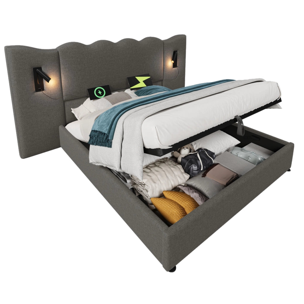 Letto matrimoniale contenitore 160x200 in lino grigio con luce da lettura e porte USB-C