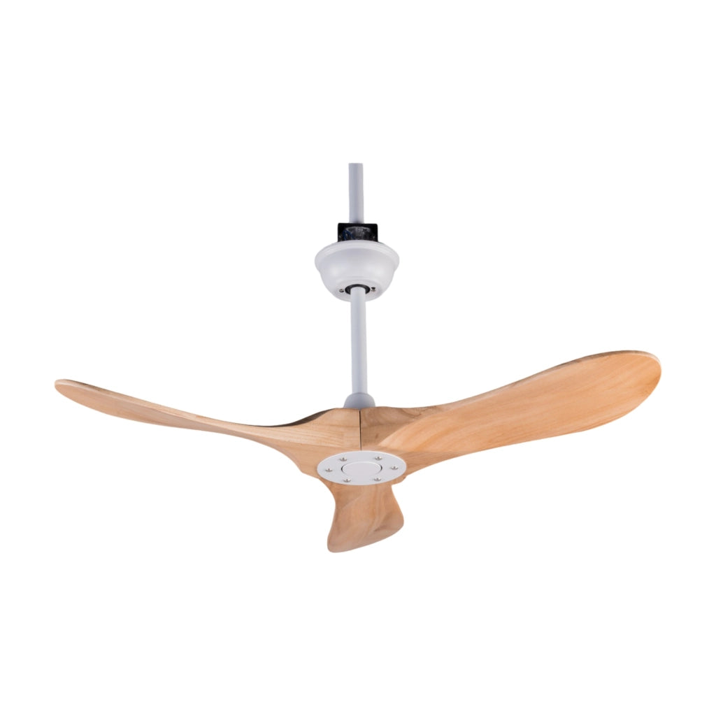 Ventilatore da soffitto con 3 pale in legno; telecomando e motore DC; bianco e legno naturale