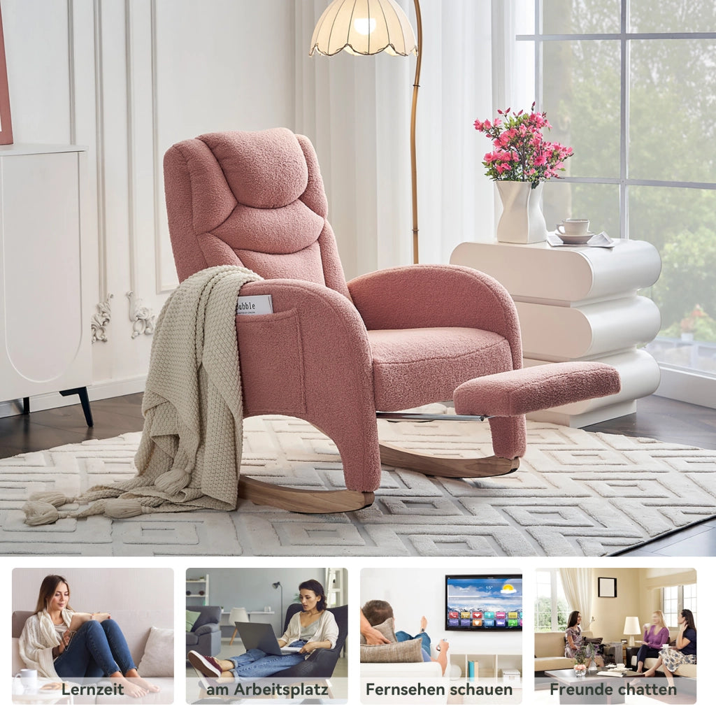 Poltrona a dondolo relax con poggiapiedi pieghevole e schienale ergonomico in tessuto teddy rosa per salotto