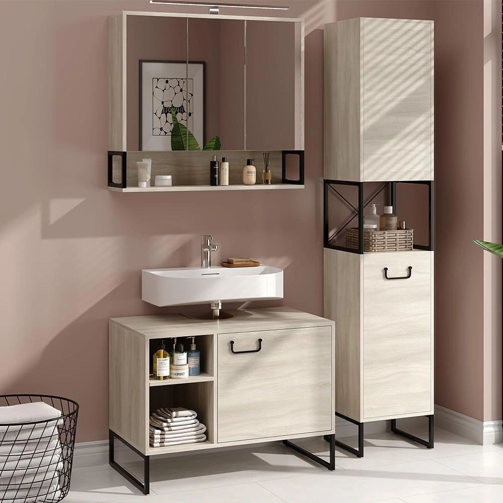 Set di mobili da bagno Vionna, Quercia/nero, 80 cm, composto da mobile sottolavabo, specchiera e mobile medio