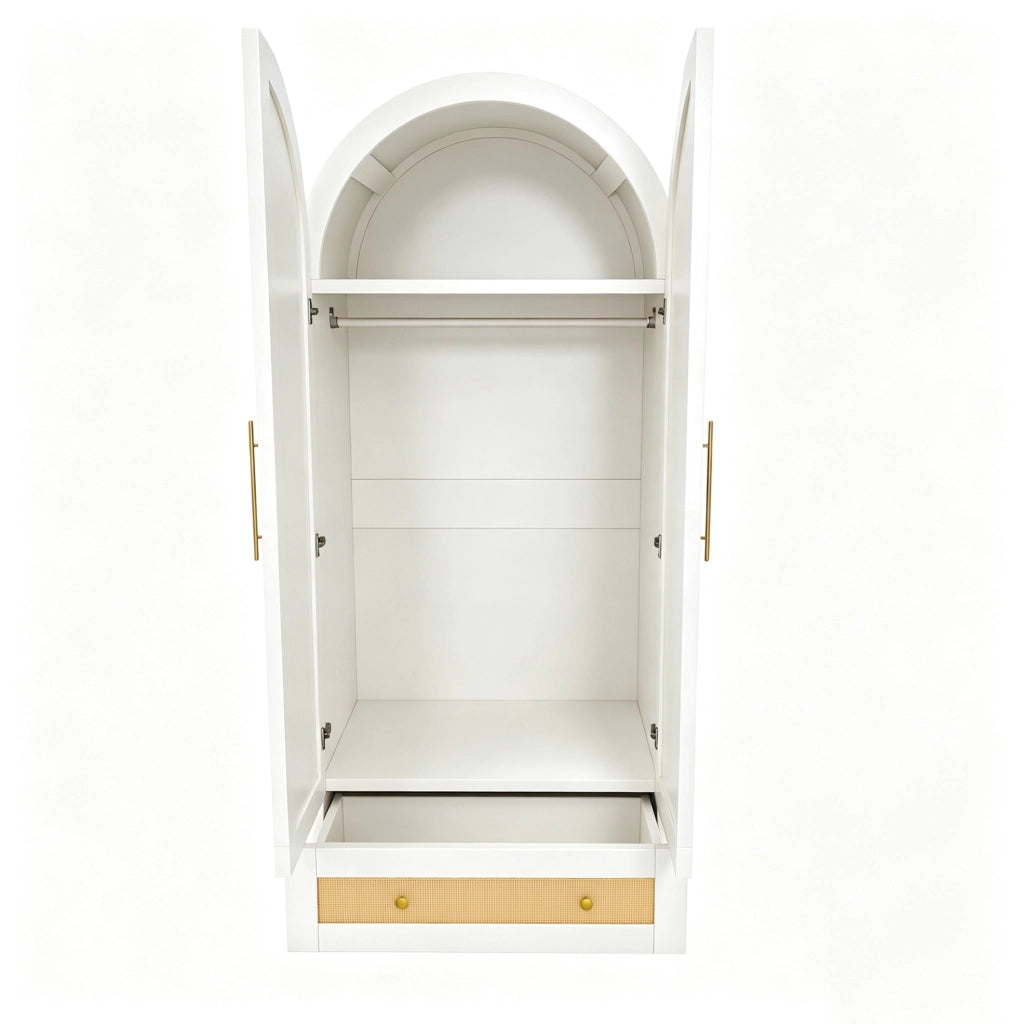 Armadio 2 ante bianco con 2 cassetti e pannelli effetto rattan