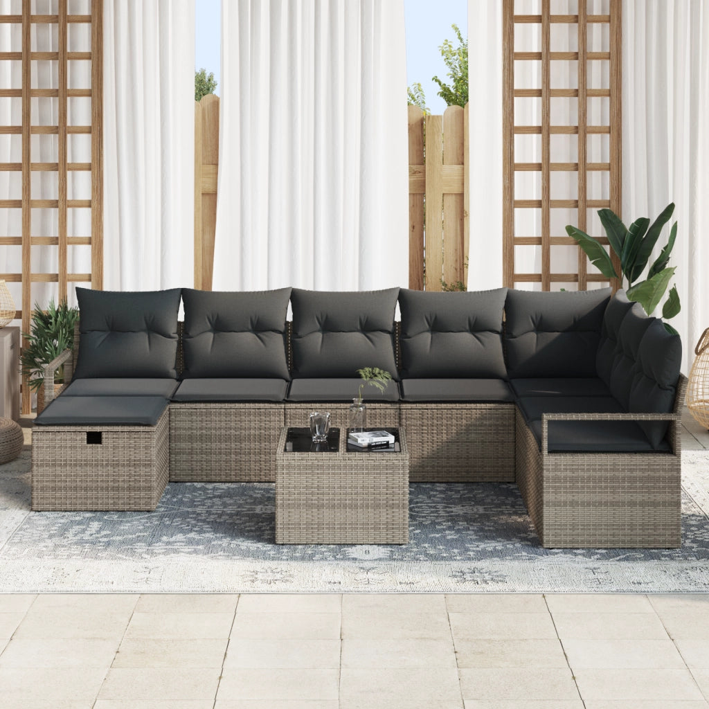 Set di Divani da Giardino a 9 Pezzi con Cuscini Rattan Grigio