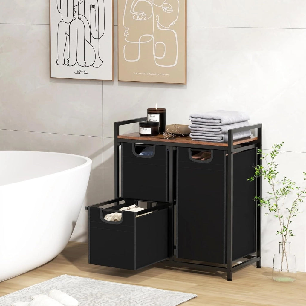Cesto Portabiancheria Salvaspazio, Portabiancheria con Piano e 2/3 Sacche Estraibili e Rimovibili, Cesta Panni Sporchi con 2/3 Scomparti per Lavanderia Bagno (3 Scomparti)