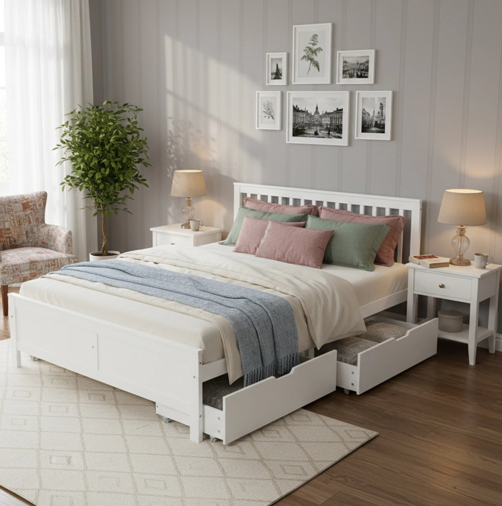 Letto matrimoniale 140x200 cm bianco con 2 cassetti