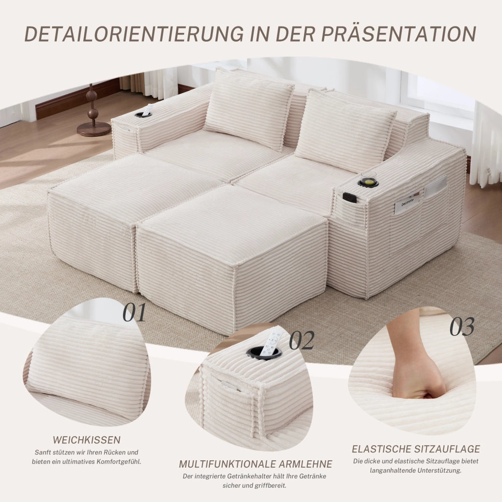 Divano Modulare 2 Posti in Tessuto a Coste con Portabicchieri e Tasche Laterali, Beige