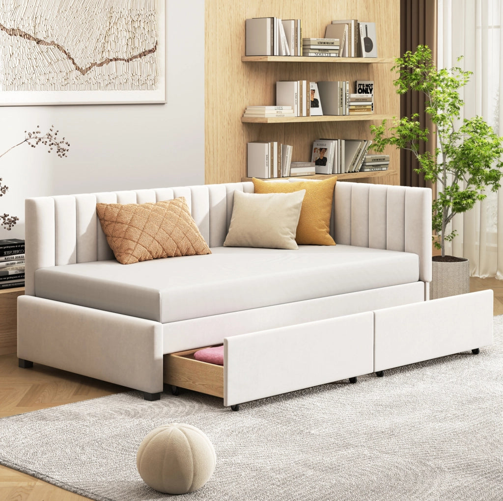 Letto imbottito 90x200 cm con 2 cassetti e rete a doghe beige