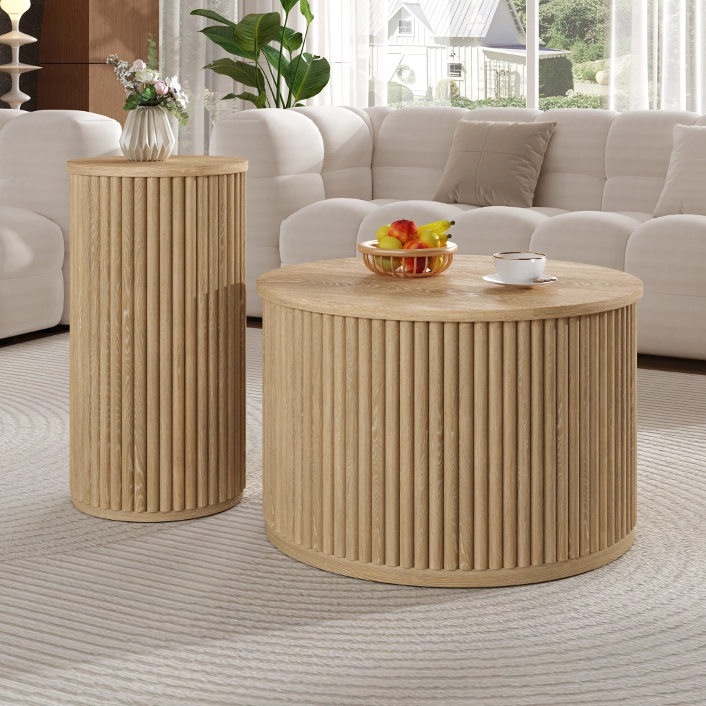 TAVOLINO da caffè Set da 2 pezzi rotondo 60x60x38,5 cm + 30x30x56 cm MDF Naturale