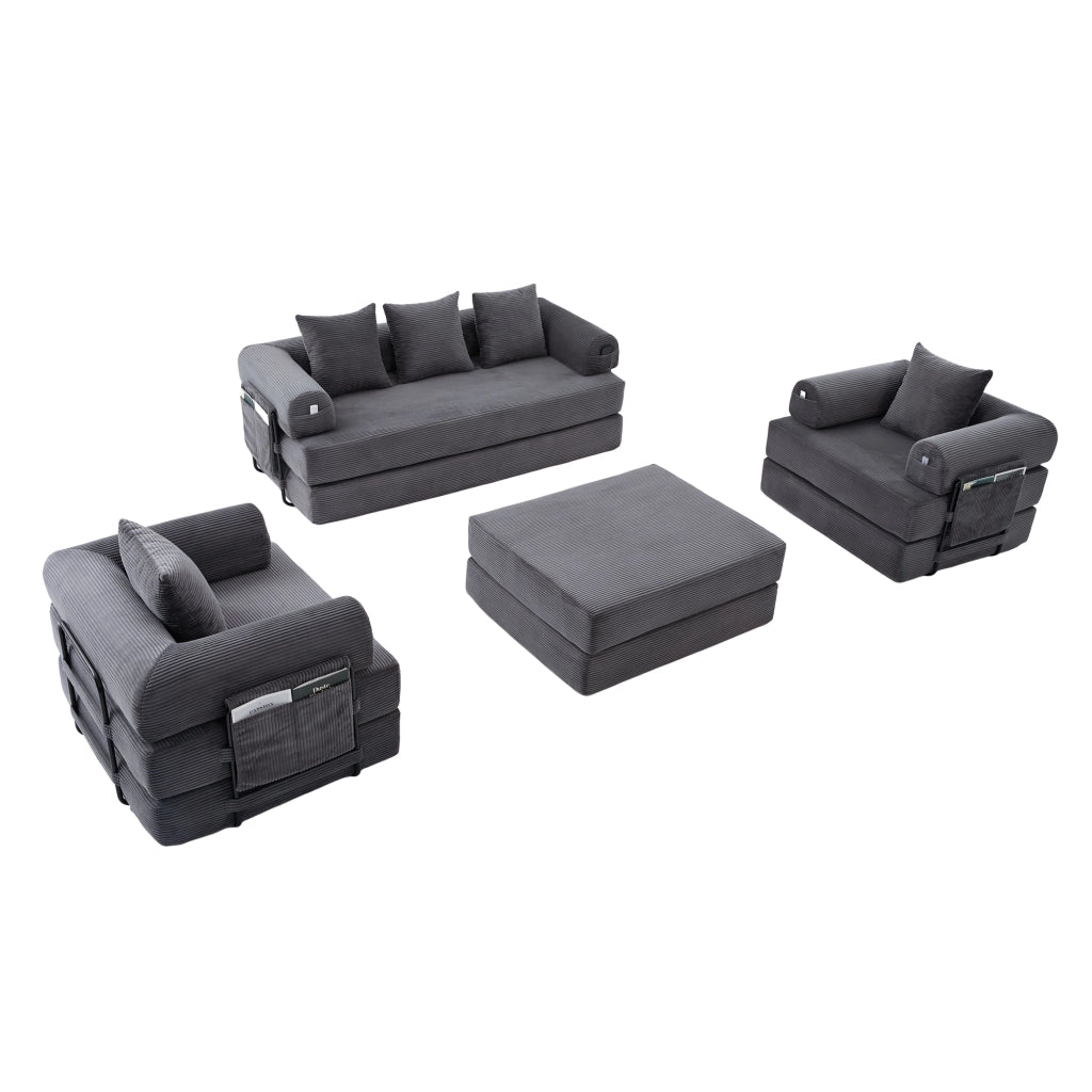 Divano modulare in corduroy a 4 posti con pouf, struttura in metallo, tasca laterale e cuscini
