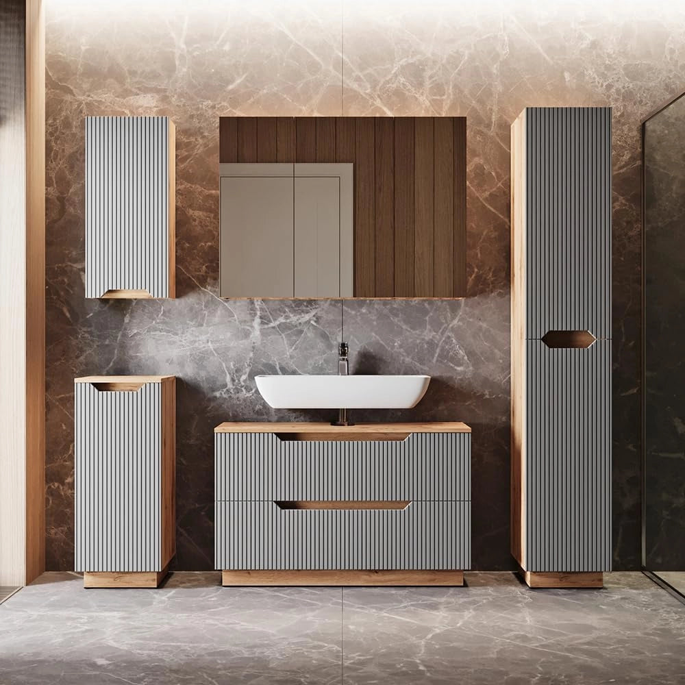 Mobile sottolavabo per bagno Lotta, Quercia/grigio, 99.4 x 62.5 cm con 2 cassetti