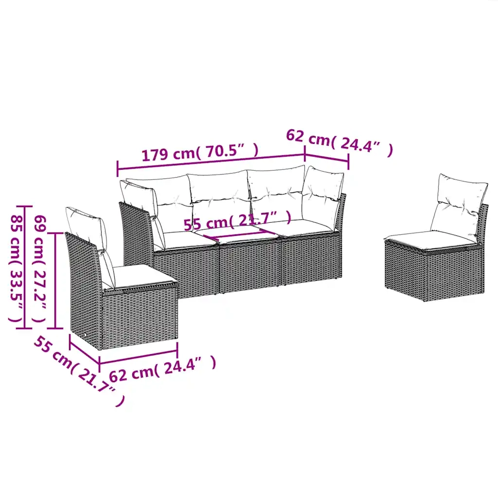 Set Divani da Giardino 5 pz | Set Salotto da Giardino con Cuscini in Polyrattan Nero