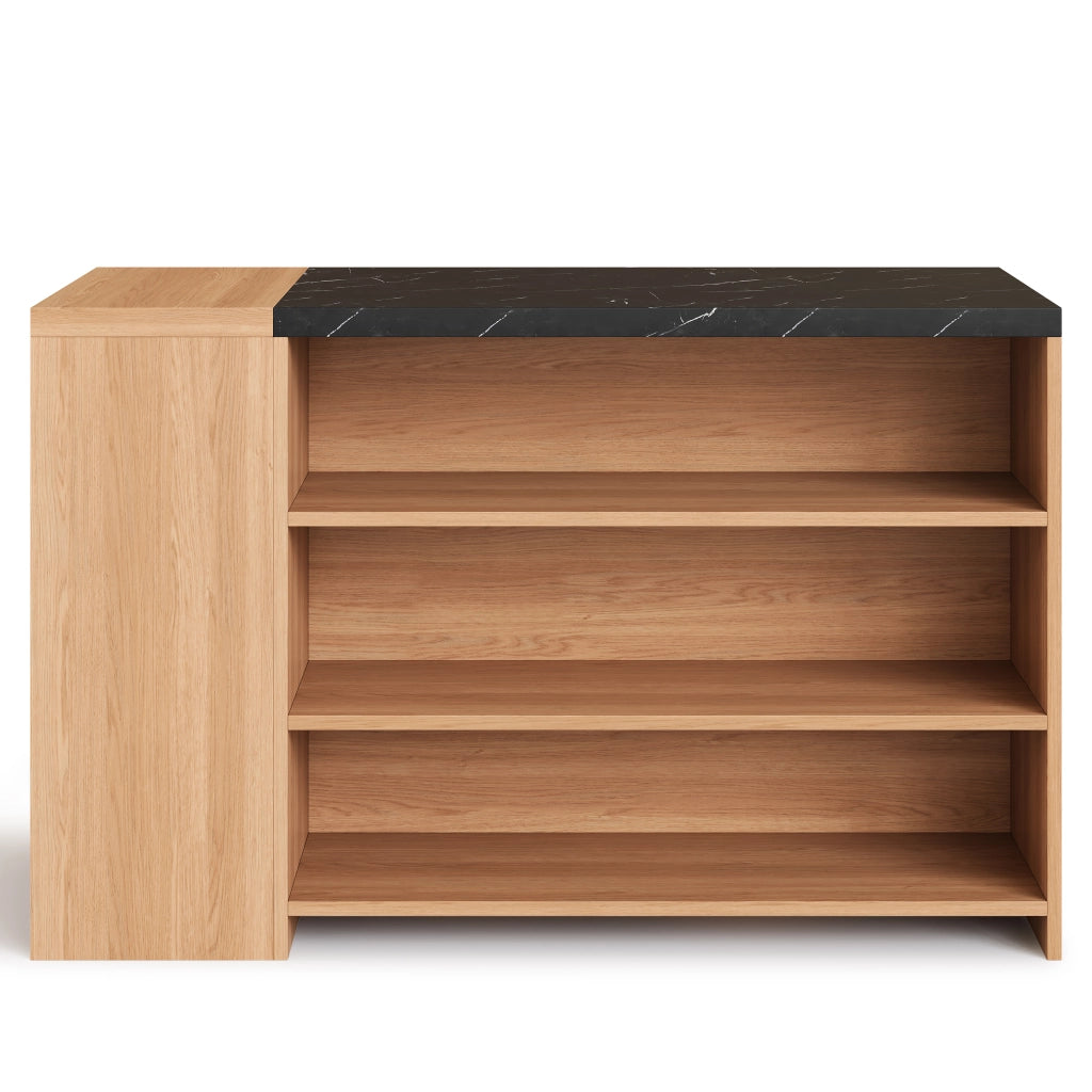 Isola cucina con bancone, 5 livelli di spazio, cassetto nascosto, effetto marmo nero e rovere, 140x60x90 cm