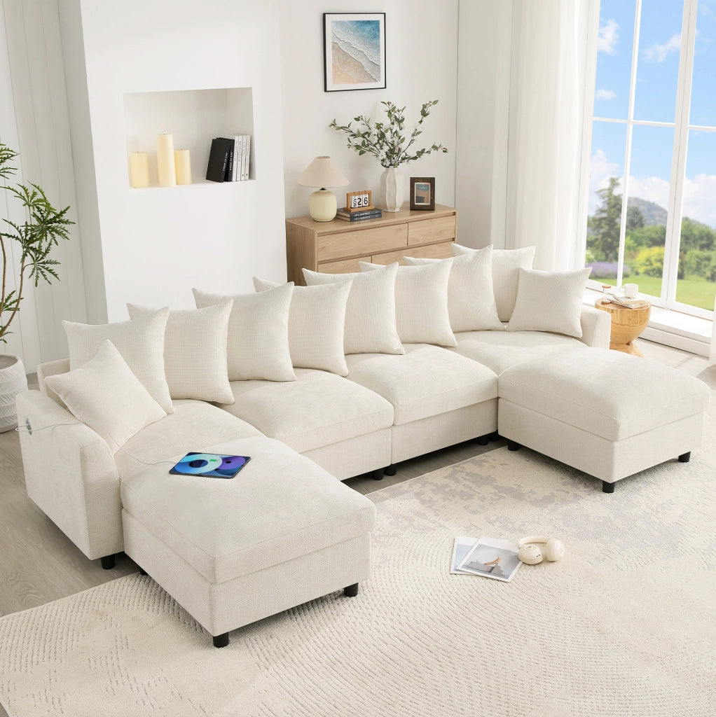 Divano angolare modulare 6 posti a U/L con 2 pouf; USB e Type-C; ciniglia beige