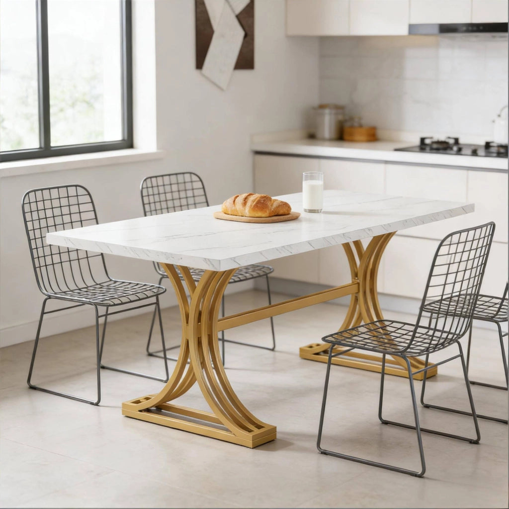 Tavolo da pranzo 160 x 80 cm in marmo artificiale e metallo; bianco e oro