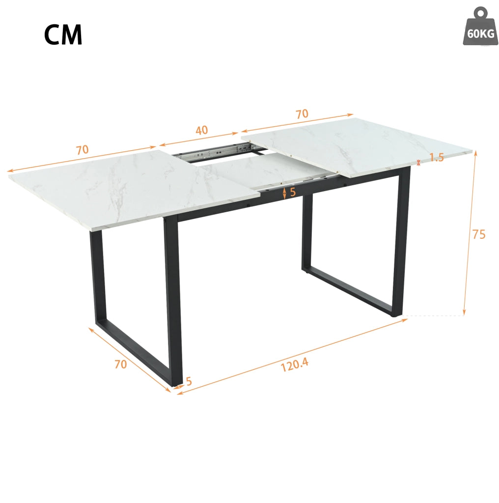 Tavolo da pranzo 180x80x75 cm allungabile con piano effetto marmo in MDF bianco