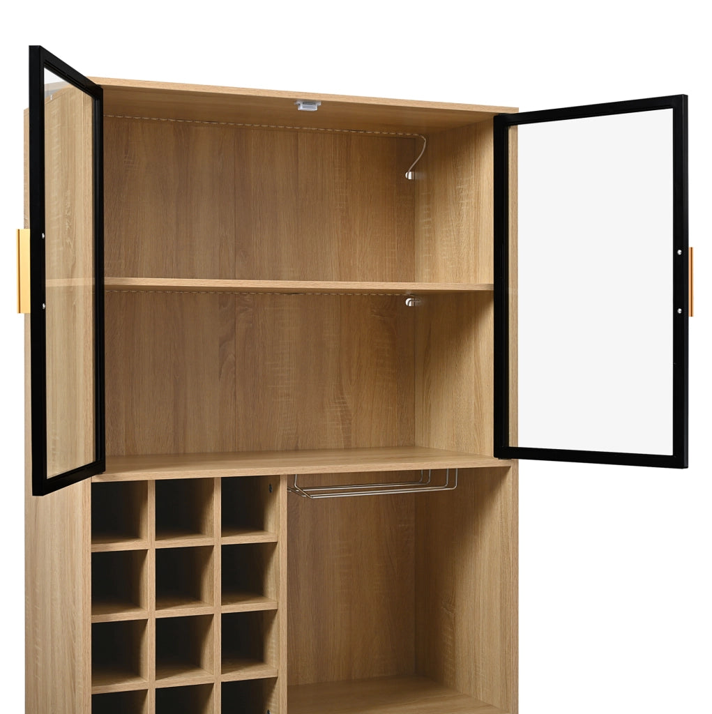 Mobile contenitore con ante in vetro e illuminazione LED 180 cm; in MDF naturale
