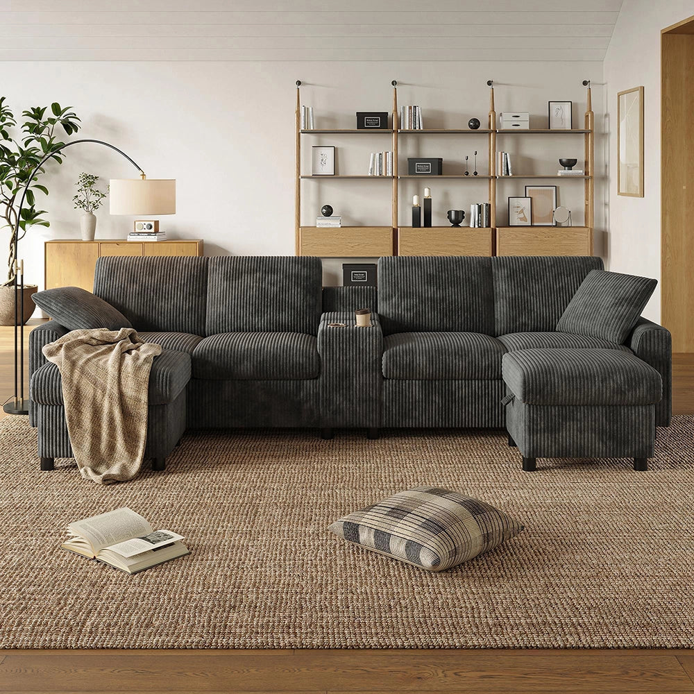Divano a U in velluto - Xylo - Con 2 poggiapiedi, USB, Type-C, grigio (315cm)