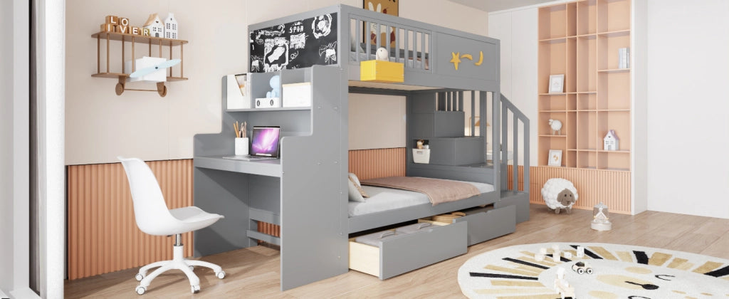 DESMIU Letto a castello bambino 90 × 200 cm 2 posti con cassetti, scala, scrivania e vano, senza materasso, grigio