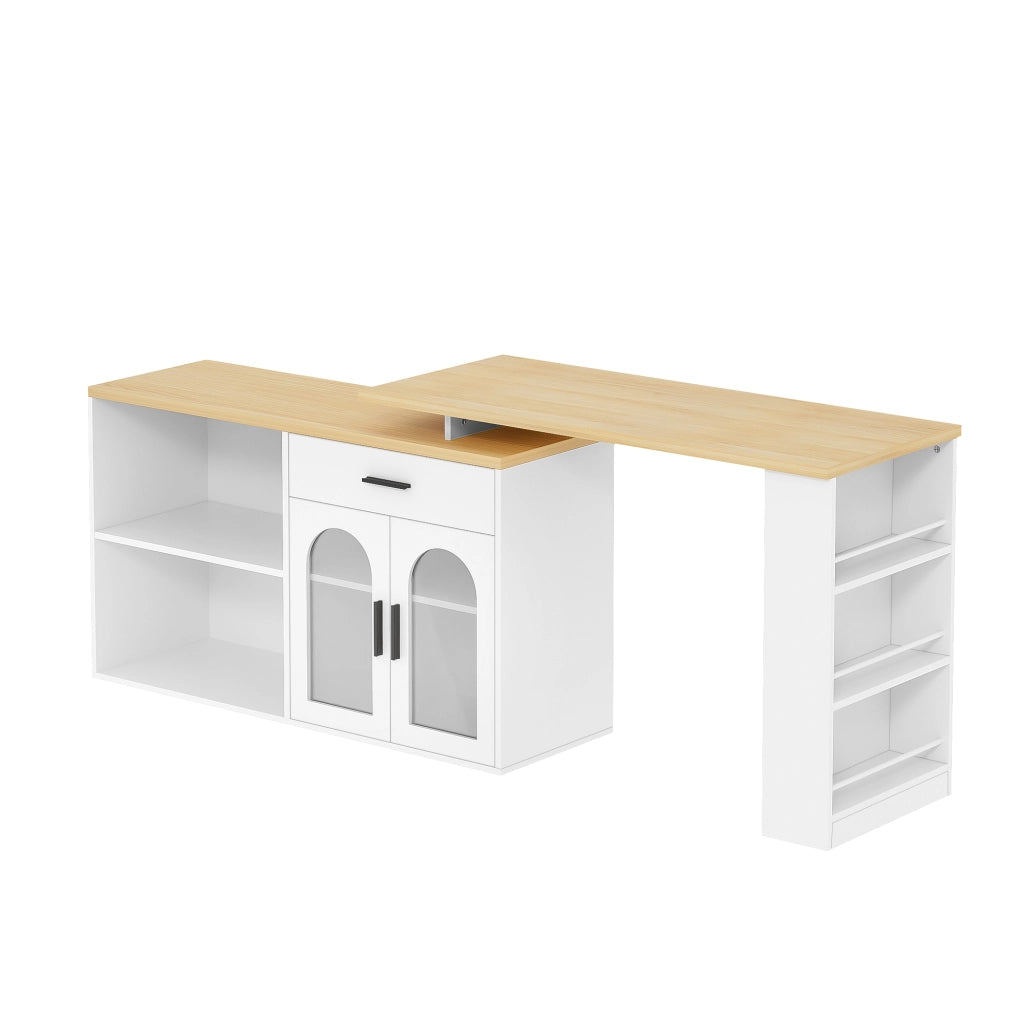 Isola cucina con piano girevole 360°, credenza con cassetto e ripiani, tavolo bar in MDF bianco 136x50x78 cm
