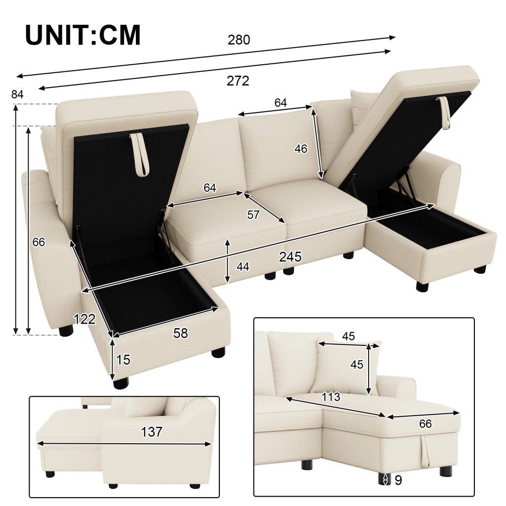 Divano modulare a U con contenitore e 2 cuscini - in chenille beige - 280 × 137 × 84 cm