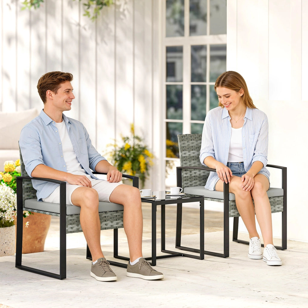 Set bistrot in rattan a 3 pezzi: 2 poltrone da giardino + tavolino da caffè; cuscini rimovibili; grigio chiaro