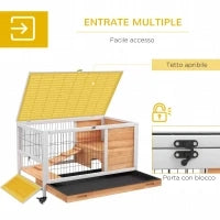 Conigliera in Legno con 4 Ruote, Casetta per Conigli e Rampa, 90x53x59cm, Giallo