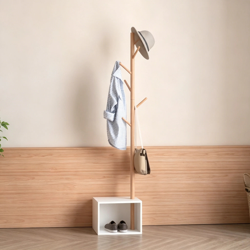 APPENDIABITI con panca e vano contenitore 40x30x180 cm Bianco/Bambù 6 ganci