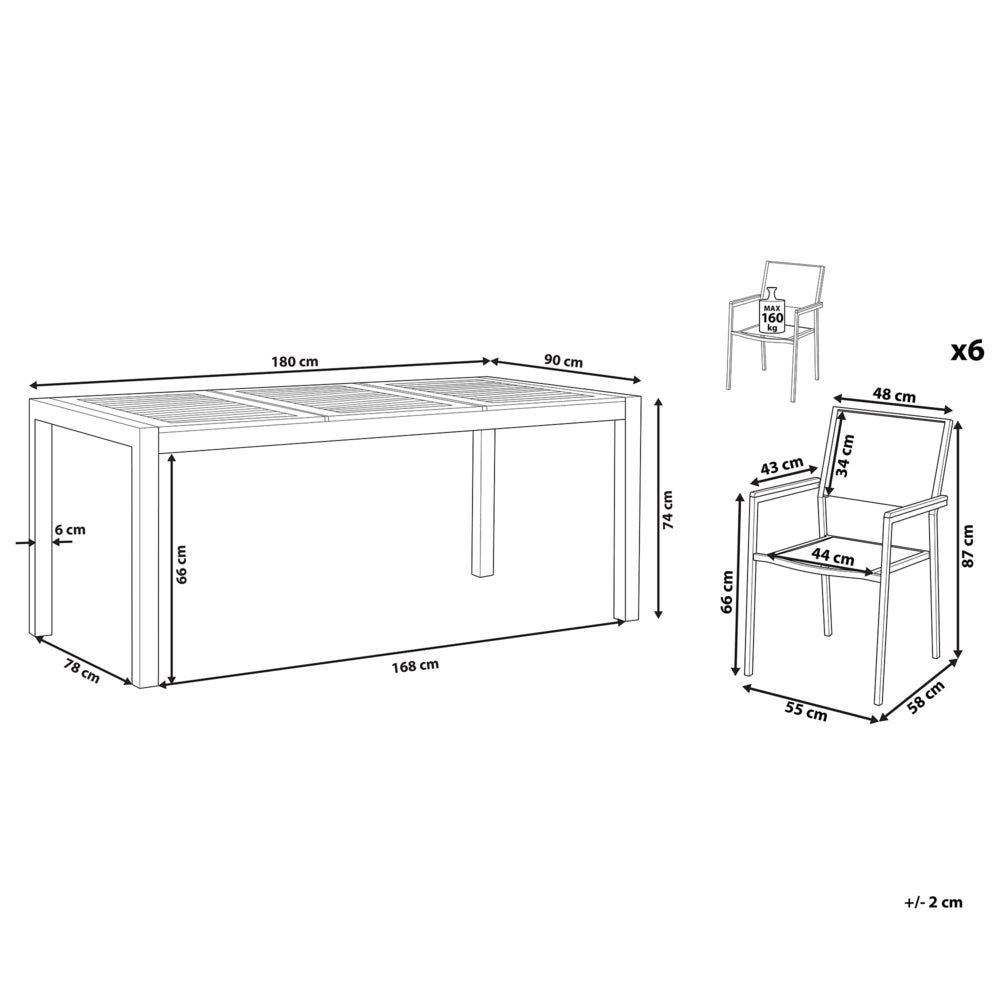 Set da pranzo da giardino con piano in legno di eucalipto chiaro e struttura in acciaio 180 x 90 cm con 6 sedie bianche