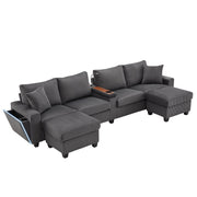 Divano a U con contenitore; lampada e USB in velluto a coste grigio 334×128.5×81 cm