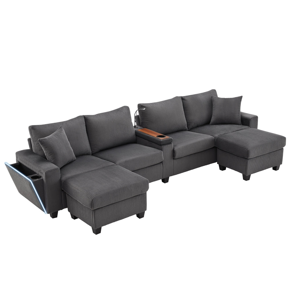 Divano a U con contenitore; lampada e USB in velluto a coste grigio 334×128.5×81 cm