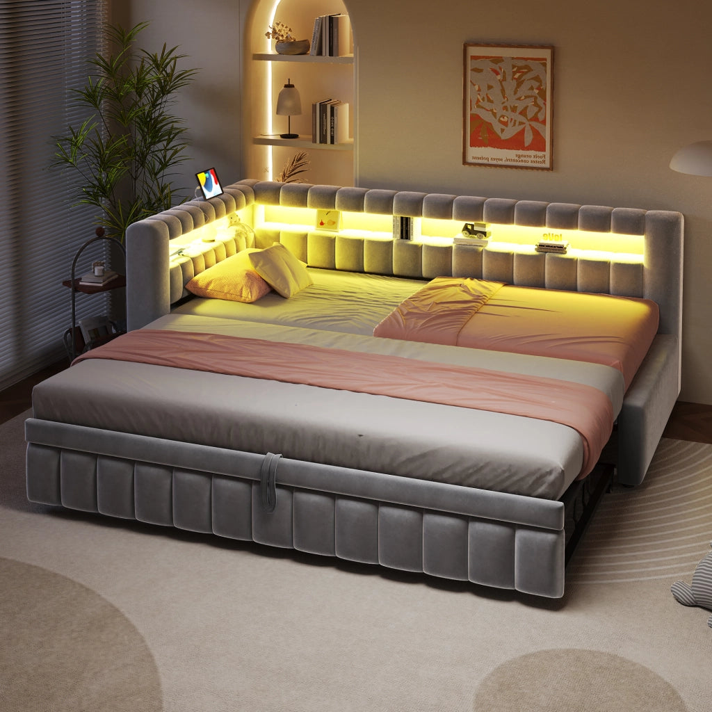 Letto imbottito trasformabile 90x200 cm con letto estraibile, LED, porte USB e C, velluto grigio chiaro