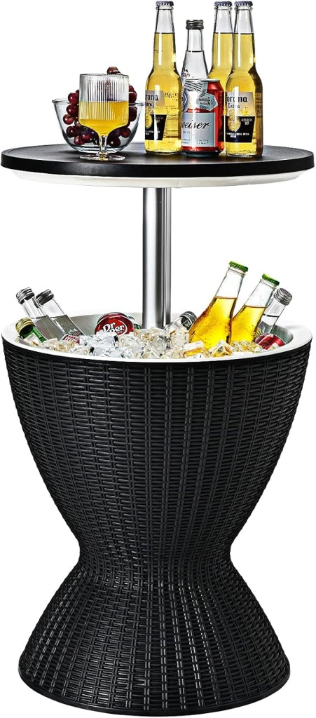 Tavolino da Giardino Allungabile in Polyrattan 30 L, Portaghiaccio per Birra/Cocktail, Tavolino da Bar per Festa Estativa (Nero)