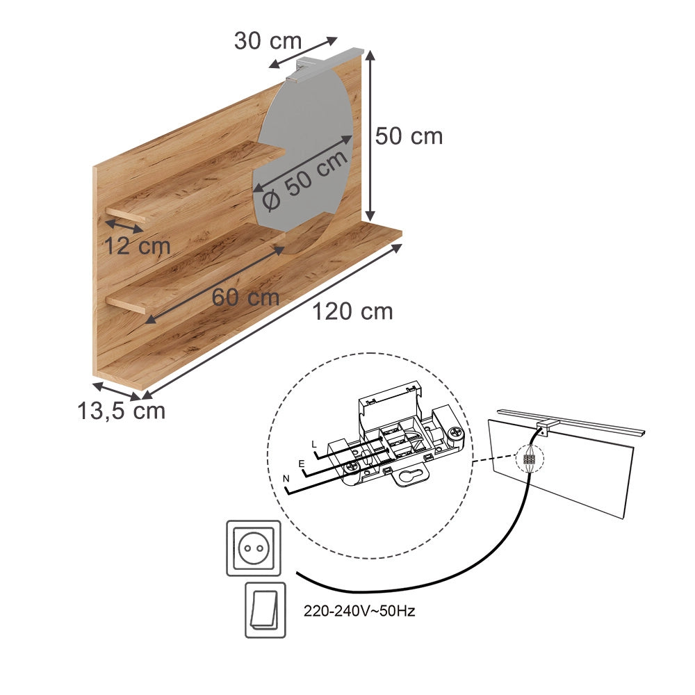 Vicco Specchio con mensola Rovere 120 x 50 cm con 3 scomparti aperti