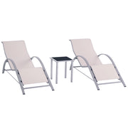 Set di 2 Lettini Prendisole e Tavolino con Piano in Vetro, 59x169x66 cm, Crema