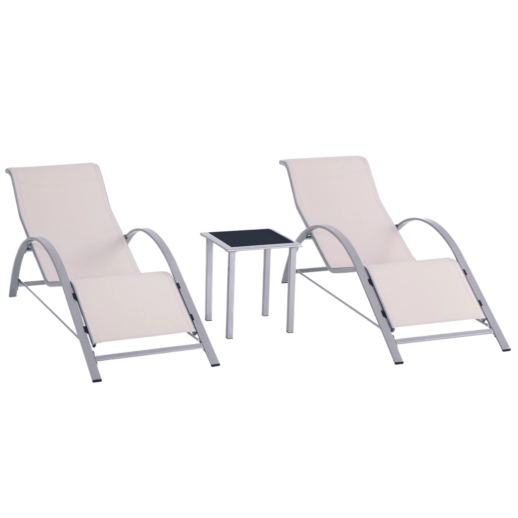 Set di 2 Lettini Prendisole e Tavolino con Piano in Vetro, 59x169x66 cm, Crema