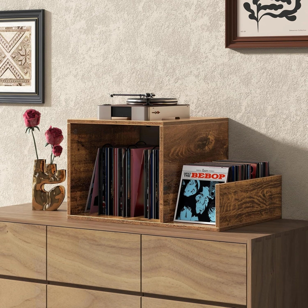 Supporto per Giradischi con Presa di Corrente, Espositore per Dischi con Presa di Corrente e Porta USB, capacità Fino a 145 Album, per Soggiorno e Camera da Letto, 66 x 45 x 67 cm (Marrone)