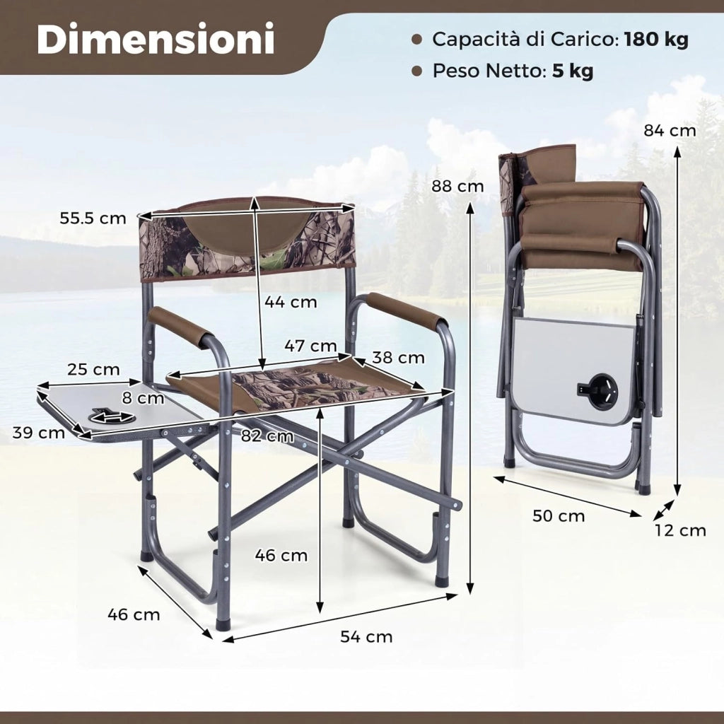 Sedia da Regista Imbottita con Tavolino, Ampio Sedile, Braccioli e Schienale, Sedia da Campeggio Pieghevole con Telaio Metallico per Eventi Sportivi e Pesca, Portata 180 kg (Mimetico)