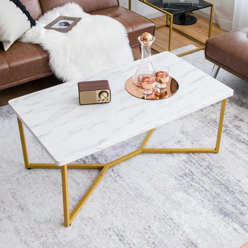 Tavolino Basso da Caffè per Salotto Soggiorno, Tavolino Rettengolare, con Effeto Marmo Bianco Lucido, 107 x 60 x 45,5 cm